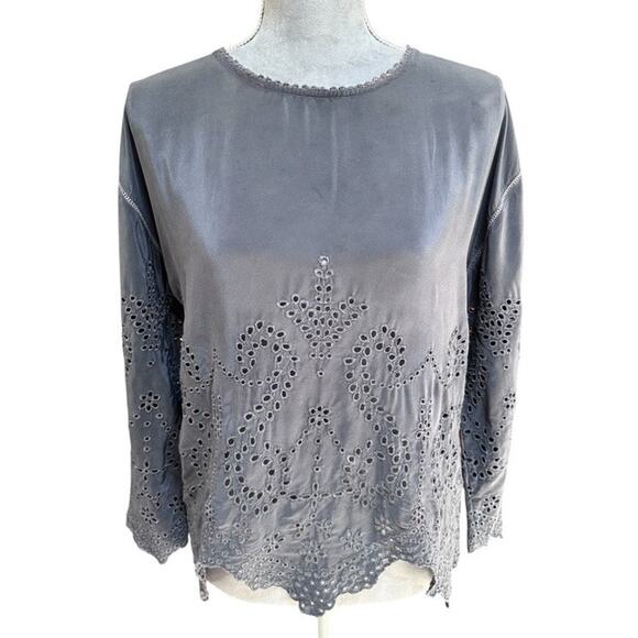 Ulla Johnson Boho Embroidered Gray Silk Eyelet Top Scalloped Hem Blouse Size 6 - Picture 1 of 9